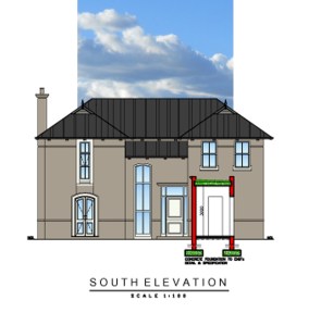 The left peak, above the long narrow window, seems like a good place to position the weathervane.