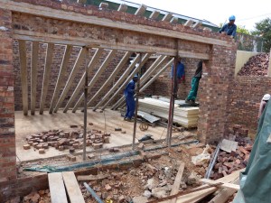 Lintels ready to be raised into position.