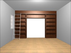 Shelves (white) will surround the sliding doors between the library and living room areas.