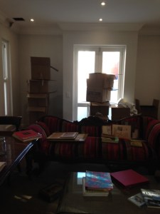 Unpacking books in the library.  All those boxes are already empty.